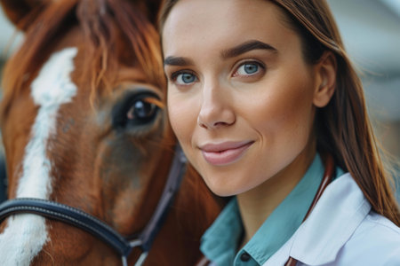 Woman doctor veterinarian examining horseの素材
