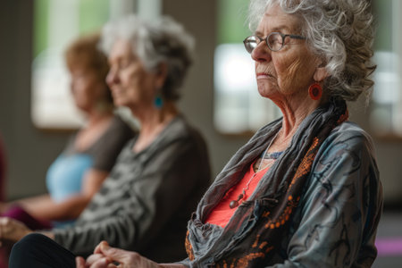 Elderly people in yoga class meditatingの素材