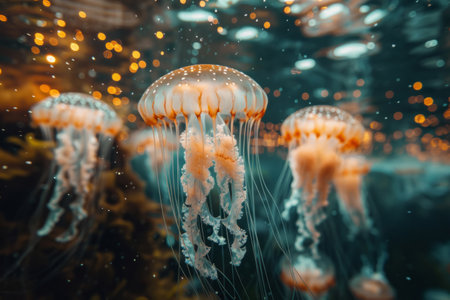 group of jellyfish underwater in the sea or oceanの素材