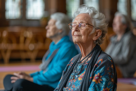 Elderly people in yoga class meditatingの素材