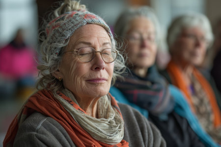 Elderly people in yoga class meditatingの素材