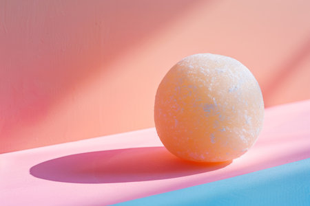 Mochi ice cream cake dessert on bright colored background with hard shadowの素材