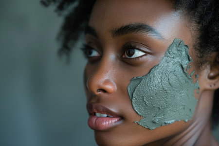 Young african american woman with cosmetic mask for skin care on faceの素材