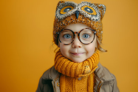 Little boy in a funny knitted owl hat on an orange backgroundの素材