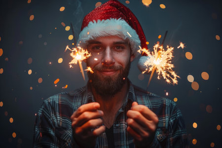 Young man in Santa hat with sparklersの素材