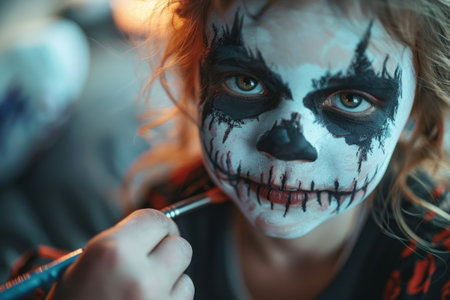 Applying Halloween makeup to a young girl, preparing for the holidayの素材
