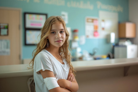 Girl with a gauze bandage on her arm after vaccinationの素材