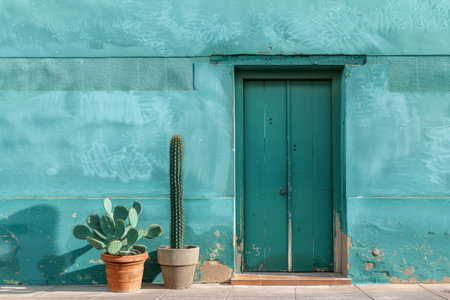 Cactus in a pot near the door of an old houseの素材