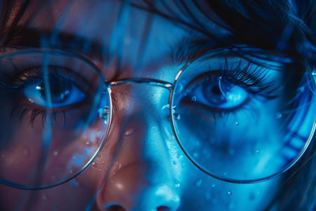 Woman wearing glasses closeup, vision problems conceptの素材
