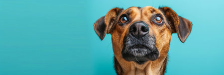 Interested dog looking up at owner or waiting for food. horizontal bannerの素材