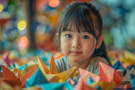 Girl makes origami crafts from colored paperの素材