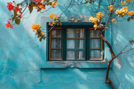 Blooming tree near an old windowの素材