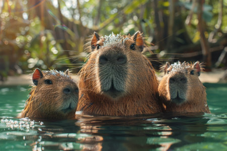 Capybara with children in a pond in the habitat, the largest rodentの素材
