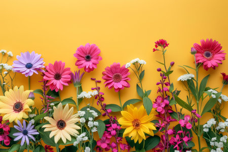 Beautiful colored flowers on a yellow backgroundの素材