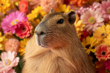 Funny capybara in colorful flowersの素材
