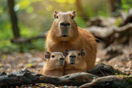 Capybara with children in a pond in the habitat, the largest rodent.の素材