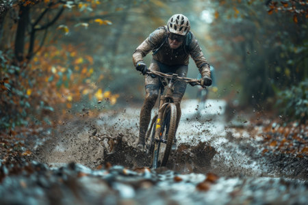 Mountain biker cyclist rides on a cross country mtb through a mud puddleの素材
