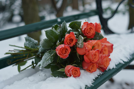 Bouquet of roses lying on a snow benchの素材