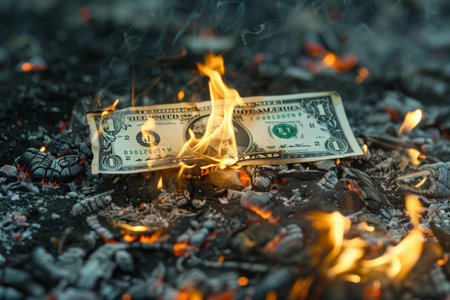 Burning dollar bill, concept of depreciation, bankruptcyの素材
