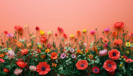 Flowers on a red background, blank for a greeting card. Copy space for textの素材