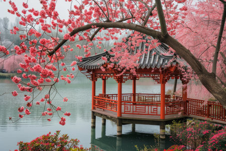 Landscape of cherry blossoms and Japanese gazeboの素材
