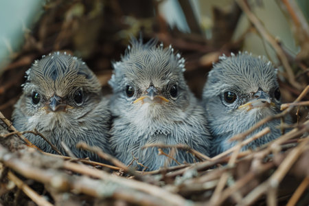 Three chicks in a nest on a tree branchの素材