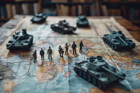 Soldier toys and tanks on map, war conceptの素材