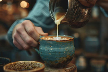 Professional barista pouring milk into cappuccinoの素材