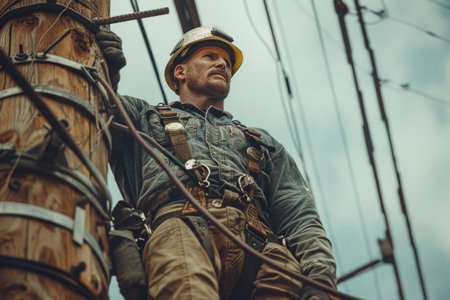 electrician in a uniform and a helmet works on a poleの素材