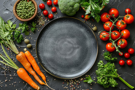 Plate and vegetables with greens on the tableの素材
