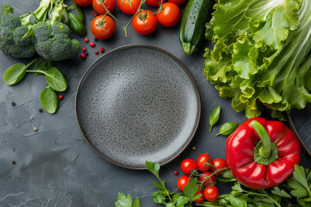 Plate and vegetables with greens on the tableの素材