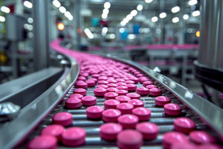 Pills on a conveyor belt in a pharmaceutical factoryの素材