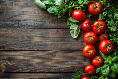 Fresh vegetables and herbs on wooden background, healthy food concept. Copy space for textの素材
