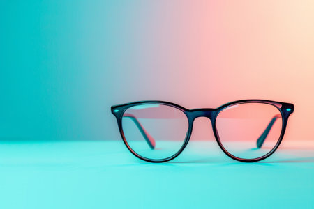 Glasses on a colored background, vision correction, lens selection concept. Copy space for textの素材