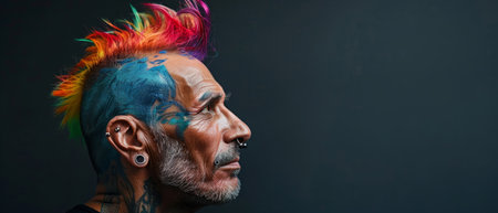 Informal punk man with dyed colored hair. Horizontal banner. Copy space for textの素材