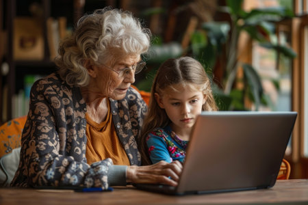 Senior elderly woman with granddaughter working on laptop in officeの素材