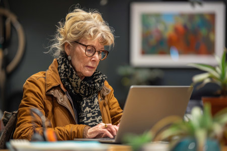 Senior elderly woman using laptop in the officeの素材