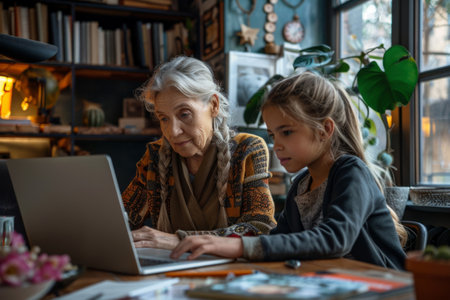 Grandmother with granddaughter working on laptopの素材