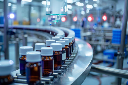Medicines on a conveyor belt in a pharmaceutical factoryの素材