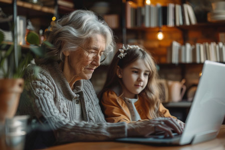 Grandmother with granddaughter working on laptopの素材