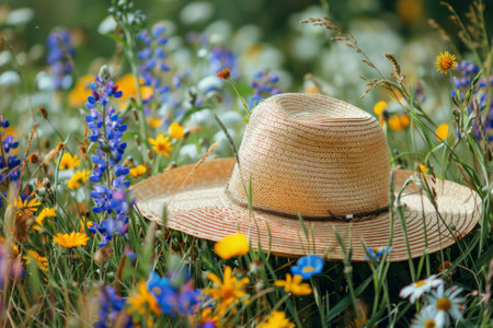 Straw hat on lovely wild flowersの素材