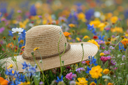 Straw hat on wildflowers in a clearingの素材