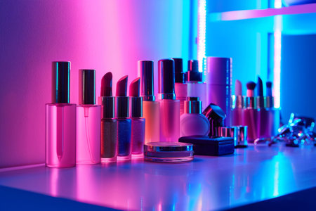 Presentation of cosmetics against a background of neon lightsの素材