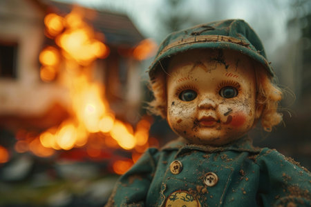 Children's toy near a burning house, war conflict conceptの素材
