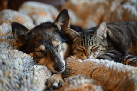Cat and dog on the bed in the bedroomの素材