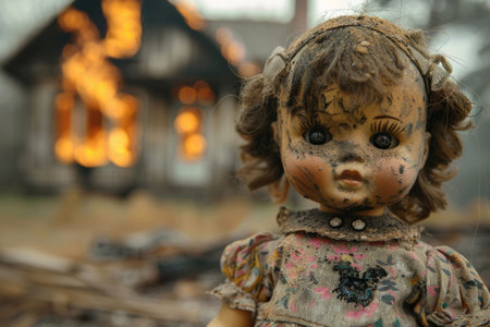 Children's toy near a burning house, war conflict conceptの素材