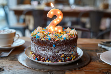 Birthday cake with a candle in the shape of the number twoの素材