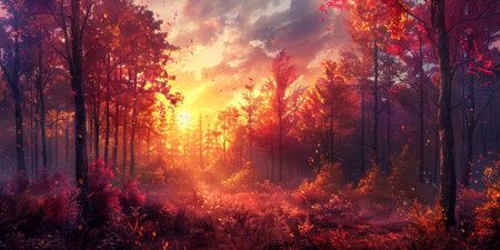 Autumn trees in the forest at sunsetの素材