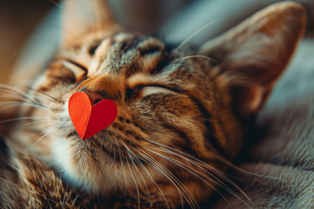 cat with a paper heart on its nose, pet love conceptの素材