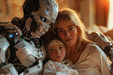 Family woman and cyborg hugging childの素材